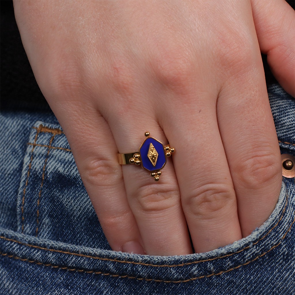 Bague Fantaisie Pierre Bleu Foncé Presque Noir - Neuf Sans Emballage