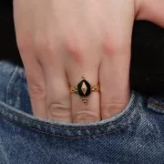 Bague fantaisie ethnique avec résine - réglable - Acier inox 316L Doré - Noir x1