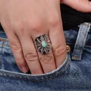 Bague large réglable ethnique - cabochon 6 mm - T. 59 à 65 - Acier inoxydable 316L