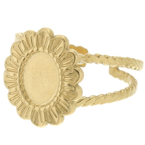 Bague fleur effet tressé réglable T52 à T57 -cabochon 8x6mm - Acier inox 316L Doré