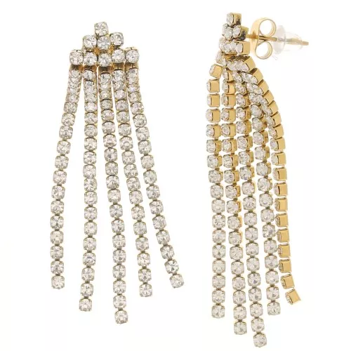 Boucles d'oreilles à frange oxydes de Zirconium  54x10 mm - Acier inox 316L Doré - Crystal x2