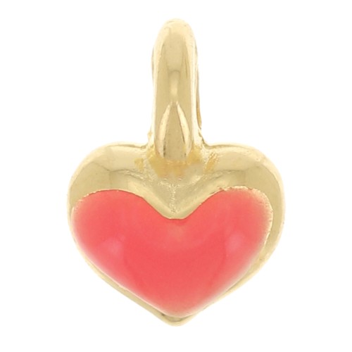 Mini breloque coeur 7x5 mm en résine époxy - Doré à l'or fin - Corail fluo x1