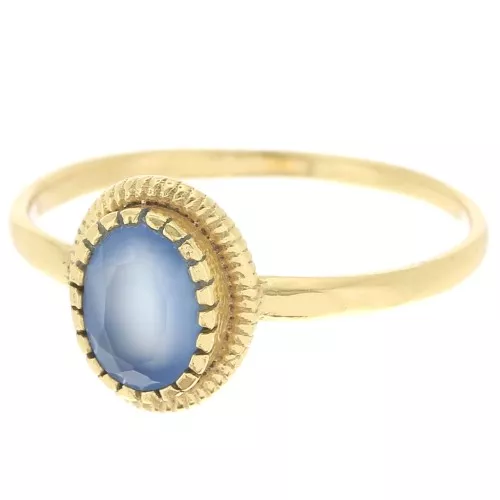 Bague ovale Calcedoine Bleue contour dentelé - Taille 54 - Doré Or fin x1