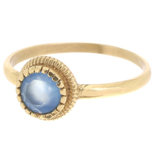 Bague ronde Calcedoine Bleue contour dentelé - Taille 54 - Doré Or fin x1