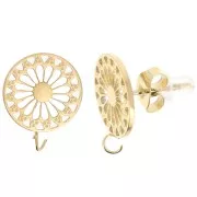 Clous d'oreilles rosace ajourée 12 mm avec anneau ouvert - Acier inox 316L Doré x2