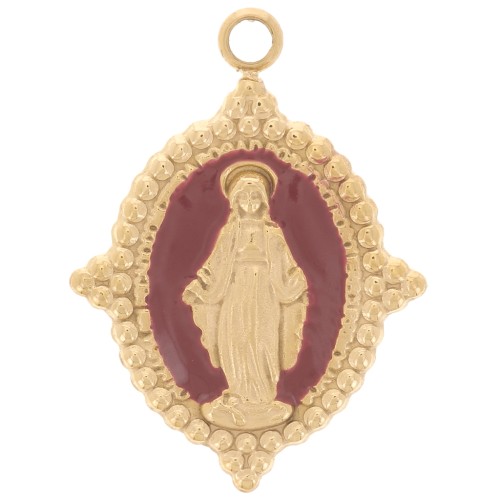 Pendentif ovale 18x13 mm - motif Vierge - Acier inox 316L Doré - Bordeaux x1