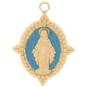 Pendentif ovale 18x13 mm - motif Vierge - Acier inox 316L Doré - Turquoise x1