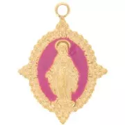 Pendentif ovale 18x13 mm - motif Vierge - Acier inox 316L Doré - Fuchsia x1