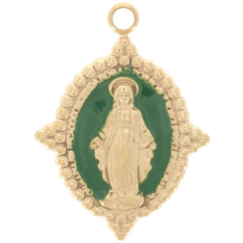 Pendentif ovale 19x14 mm - motif Vierge - Acier inox 304 Doré - Vert sapin x1