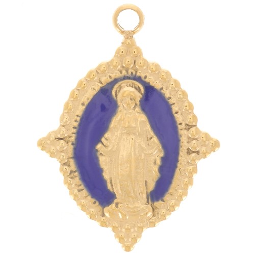 Pendentif ovale 18x13 mm - motif Vierge - Acier inox 316L Doré - Bleu foncé x1