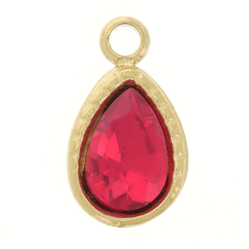 Breloque goutte 10x6mm avec verre facetté - Acier inoxydable 304 Doré - Rouge x1