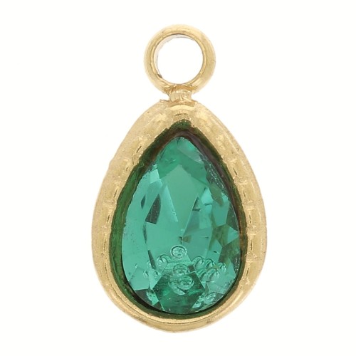 Breloque goutte 10x6 mm avec verre facetté - Acier inoxydable 304 Doré - Vert x1