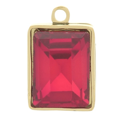 Breloque rectangle 11x7 mm avec verre facetté - Acier inox 316L Doré - Rouge x1