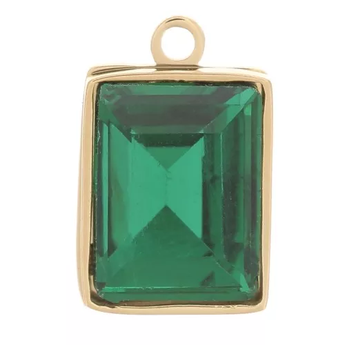 Breloque rectangle 11x7mm avec verre facetté - Acier inox 316L Doré - Emeraude x1