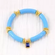 Breloque rectangle 11x7 mm avec verre facetté - Acier inox 316L Doré - Bleu x1