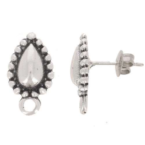 Clous d'oreilles goutte texturée 18x10 mm avec anneau fermé - Argenté vieilli x2
