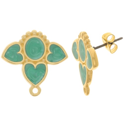 Clous d'oreilles coeurs 20 mm avec résine époxy - Doré à l'or fin - Vert nacré x2