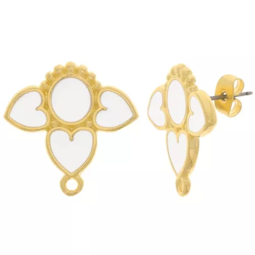 Clous d'oreilles coeurs 20 mm avec résine époxy - Doré à l'or fin - Blanc x2