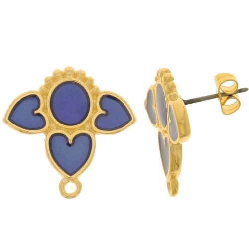 Clous d'oreilles coeurs 20mm avec résine époxy vitrail - Doré à l'or fin - Bleu x2