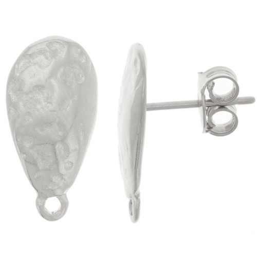 Clous d'oreilles goutte martelé 18x9 mm avec anneau fermé - Argenté vieilli x2