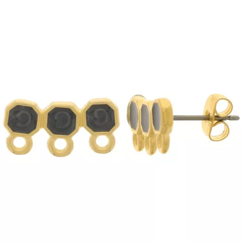Clous d'oreilles 3 rangs 8x16 mm résine époxy - Doré à l'or fin - Noir nacré x2