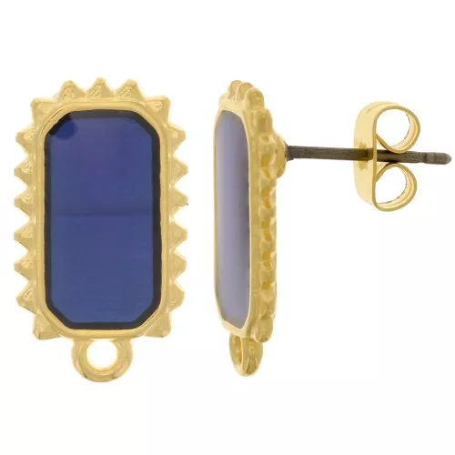 Clous d'oreilles rectangle 18x10mm époxy vitrail Doré à l'or fin - Bleu x2