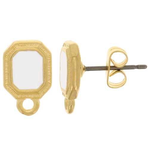 Clous d'oreilles octogone 12x8 mm résine époxy - Doré à l'or fin - Blanc x2