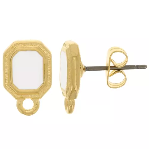 Clous d'oreilles octogone 12x8 mm résine époxy - Doré à l'or fin - Blanc x2