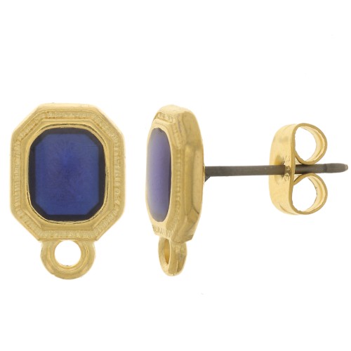 Clous d'oreilles octogone 12x8 mm résine époxy vitrail - Doré à l'or fin - Bleu x2