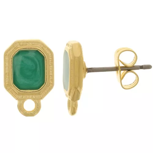 Clous d'oreilles octogone 12x8 mm résine époxy - Doré à l'or fin - Vert nacré x2