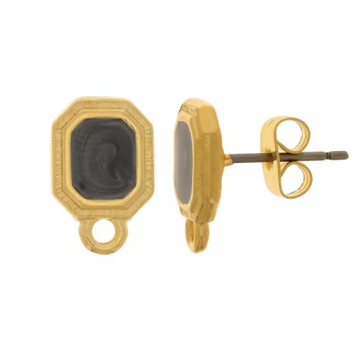 Clous d'oreilles octogone 12x8 mm résine époxy - Doré à l'or fin - Noir nacré x2
