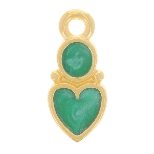 Breloque coeur et cercle 13x6 mm - résine époxy - Doré à l'or fin - Vert nacré