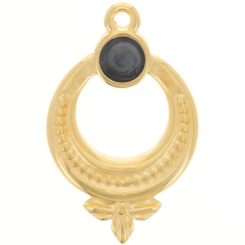 Pendentif ethnique texturé 15 mm avec résine époxy - Doré à l'or fin - Noir nacré