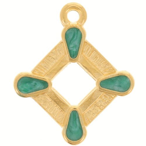 Pendentif losange évidé 19x16 mm résine époxy - Doré à l'or fin - Vert nacré x1