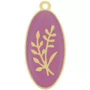 Pendentif ovale 27x13 mm motif fleur - résine époxy - Doré à l'or fin - Prune x1