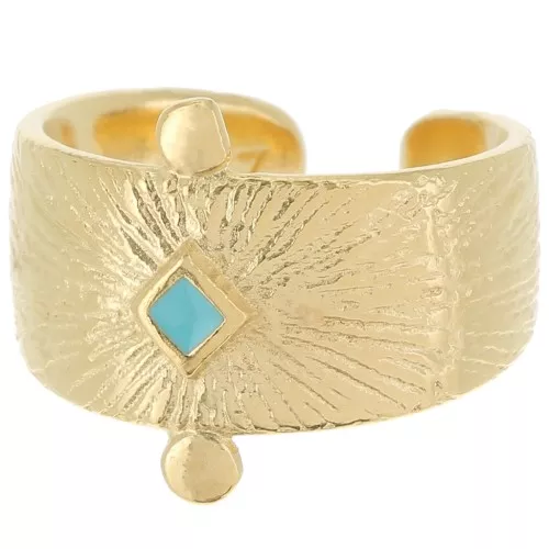 Bague large ethnique - résine époxy - Taille 54 - Doré à l'or fin - Turquoise