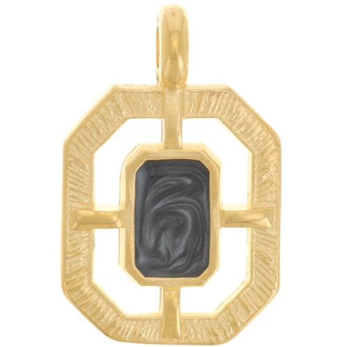 Pendentif octogone texturé 21x13 mm résine époxy - Doré à l'or fin - Noir nacré x1
