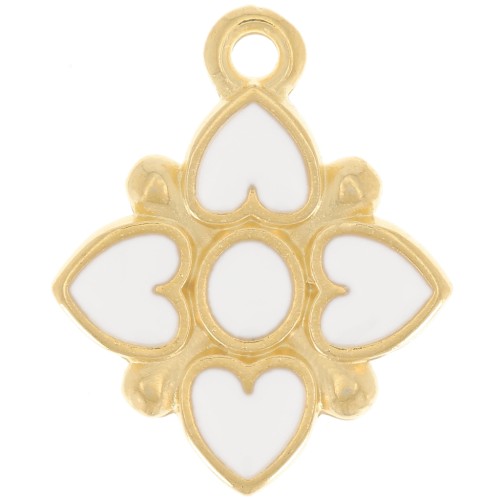 Pendentif fleur 17.5x14 mm motif coeur résine époxy - Doré à l'or fin - Blanc x1