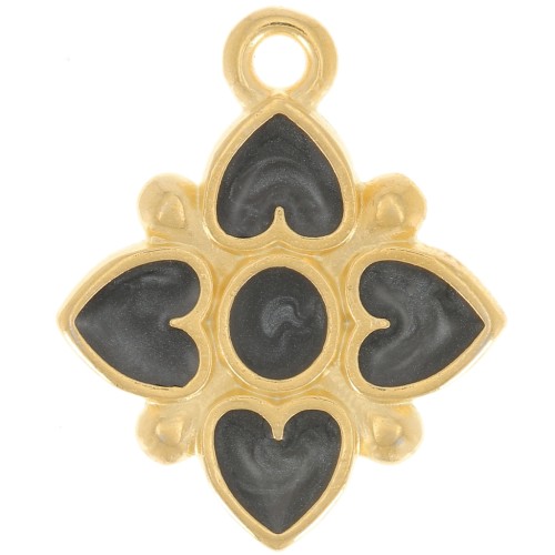 Pendentif fleur 17.5x14mm motif coeur résine époxy - Doré à l'or fin - Noir nacré