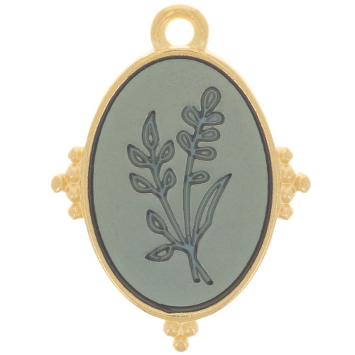 Pendentif ovale 21x15 mm motif fleur avec résine époxy - Doré à l'or fin - Bleu x1