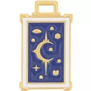 Pendentif rectangle 30x18 mm motif lune & étoile - Doré à l'or fin - Bleu foncé x1