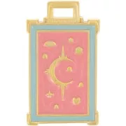 Pendentif rectangle 30x18 mm motif lune & étoile - Doré à l'or fin - Rose x1