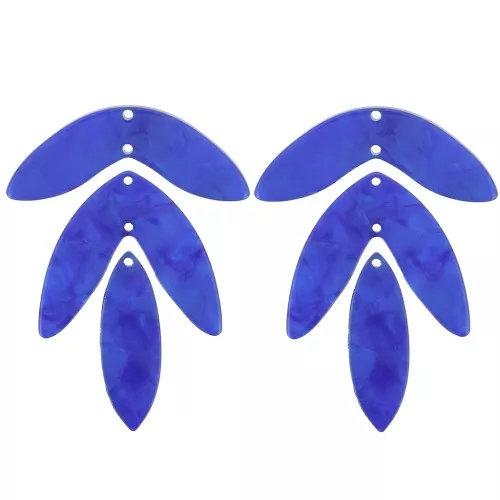 Set de 6 pendentifs feuilles 62x45 mm en acétate à monter - Bleu roi nacré