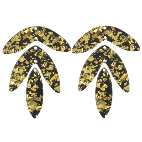 Set de 6 pendentifs feuilles 62x45 mm en acétate à monter - Pailleté doré - Noir