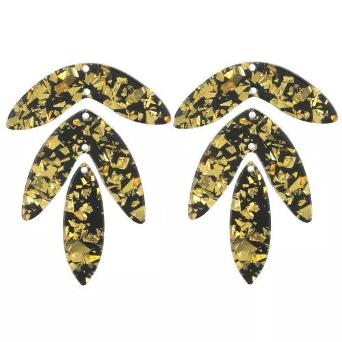 Set de 6 pendentifs feuilles 62x45 mm en acétate à monter - Pailleté doré - Noir