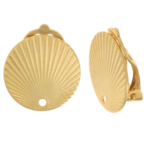 Clips d'oreilles rond effet plissé 15 mm avec un trou - Doré à l'or fin x2