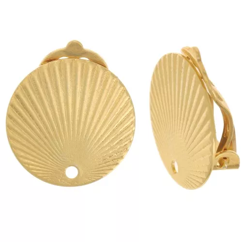 Clips d'oreilles rond effet plissé 15 mm avec un trou - Doré à l'or fin x2