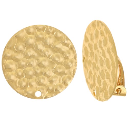 Clips d'oreilles rond martelé 18 mm avec un trou - Doré à l'or fin x2