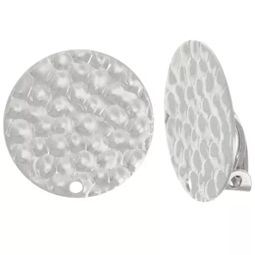 Clips d'oreilles rond martelé 18 mm avec un trou - Placage Argent fin x2