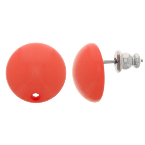 Clous d'oreilles ronds 14 mm en résine - Rouge corail x2
